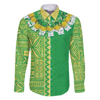 Fiji Lovoni Family Matching Mermaid Dress and Hawaiian Shirt Fijian Tapa Salusalu Green Glitter LT05 Dad's Shirt - Long Sleeve Green - Polynesian Pride