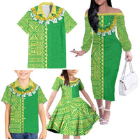 Fiji Lovoni Family Matching Off The Shoulder Long Sleeve Dress and Hawaiian Shirt Fijian Tapa Salusalu Green Glitter LT05 - Polynesian Pride