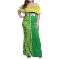 Fiji Lovoni Family Matching Off Shoulder Maxi Dress and Hawaiian Shirt Fijian Tapa Salusalu Green Glitter LT05 Mom's Dress Green - Polynesian Pride