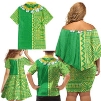 Fiji Lovoni Family Matching Off Shoulder Short Dress and Hawaiian Shirt Fijian Tapa Salusalu Green Glitter LT05 - Polynesian Pride