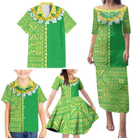 Fiji Lovoni Family Matching Puletasi and Hawaiian Shirt Fijian Tapa Salusalu Green Glitter LT05 - Polynesian Pride