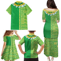 Fiji Lovoni Family Matching Puletasi and Hawaiian Shirt Fijian Tapa Salusalu Green Glitter LT05 - Polynesian Pride