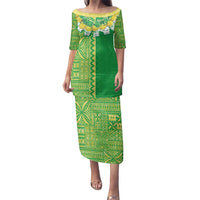 Fiji Lovoni Family Matching Puletasi and Hawaiian Shirt Fijian Tapa Salusalu Green Glitter LT05 Mom's Dress Green - Polynesian Pride