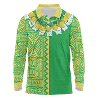 Fiji Lovoni Long Sleeve Polo Shirt Fijian Tapa Salusalu Green Glitter LT05 Green - Polynesian Pride