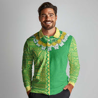 Fiji Lovoni Long Sleeve Polo Shirt Fijian Tapa Salusalu Green Glitter LT05 - Polynesian Pride