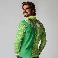 Fiji Lovoni Long Sleeve Polo Shirt Fijian Tapa Salusalu Green Glitter LT05 - Polynesian Pride