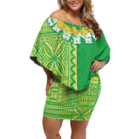 Fiji Lovoni Off Shoulder Short Dress Fijian Tapa Salusalu Green Glitter LT05 Women Green - Polynesian Pride