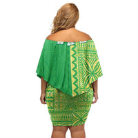 Fiji Lovoni Off Shoulder Short Dress Fijian Tapa Salusalu Green Glitter LT05 - Polynesian Pride
