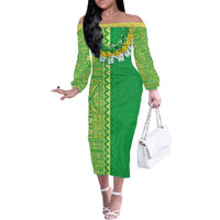 Fiji Lovoni Off The Shoulder Long Sleeve Dress Fijian Tapa Salusalu Green Glitter LT05 Women Green - Polynesian Pride