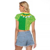 Fiji Lovoni Raglan Cropped T Shirt Fijian Tapa Salusalu Green Glitter LT05 - Polynesian Pride