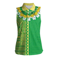 Fiji Lovoni Women Sleeveless Polo Shirt Fijian Tapa Salusalu Green Glitter LT05 Female Green - Polynesian Pride