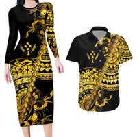 Kosrae Liberation Day Couples Matching Long Sleeve Bodycon Dress and Hawaiian Shirt Polynesian Floral Tattoo LT05 Gold - Polynesian Pride