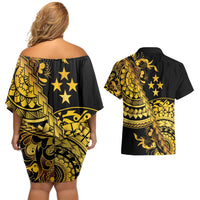Kosrae Liberation Day Couples Matching Off Shoulder Short Dress and Hawaiian Shirt Polynesian Floral Tattoo LT05 - Polynesian Pride