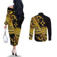 Kosrae Liberation Day Couples Matching Off The Shoulder Long Sleeve Dress and Long Sleeve Button Shirt Polynesian Floral Tattoo LT05 - Polynesian Pride