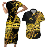 Kosrae Liberation Day Couples Matching Short Sleeve Bodycon Dress and Hawaiian Shirt Polynesian Floral Tattoo LT05 Gold - Polynesian Pride
