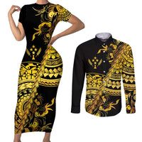 Kosrae Liberation Day Couples Matching Short Sleeve Bodycon Dress and Long Sleeve Button Shirt Polynesian Floral Tattoo LT05 Gold - Polynesian Pride