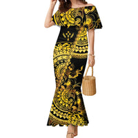 Kosrae Liberation Day Family Matching Mermaid Dress and Hawaiian Shirt Polynesian Floral Tattoo LT05 Mom's Dress Gold - Polynesian Pride