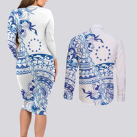 Pohnpei Liberation Day Couples Matching Long Sleeve Bodycon Dress and Long Sleeve Button Shirt Polynesian Floral Tattoo LT05 - Polynesian Pride