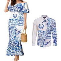 Pohnpei Liberation Day Couples Matching Mermaid Dress and Long Sleeve Button Shirt Polynesian Floral Tattoo LT05 White - Polynesian Pride