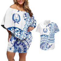 Pohnpei Liberation Day Couples Matching Off Shoulder Short Dress and Hawaiian Shirt Polynesian Floral Tattoo LT05 White - Polynesian Pride