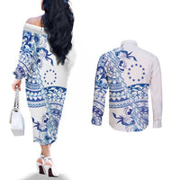 Pohnpei Liberation Day Couples Matching Off The Shoulder Long Sleeve Dress and Long Sleeve Button Shirt Polynesian Floral Tattoo LT05 - Polynesian Pride