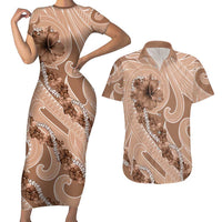 Hawaii Brown Hibiscus Pikake Lei Couples Matching Short Sleeve Bodycon Dress and Hawaiian Shirt - Polynesian Pride