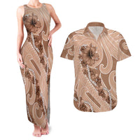 Hawaii Brown Hibiscus Pikake Lei Couples Matching Tank Maxi Dress and Hawaiian Shirt - Polynesian Pride