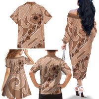Hawaii Brown Hibiscus Pikake Lei Family Matching Off The Shoulder Long Sleeve Dress and Hawaiian Shirt LT05 - Polynesian Pride