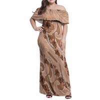 Hawaii Brown Hibiscus Pikake Lei Family Matching Off Shoulder Maxi Dress and Hawaiian Shirt LT05 Mom's Dress Brown - Polynesian Pride