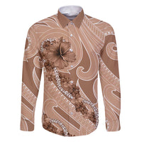 Hawaii Brown Hibiscus Pikake Lei Family Matching Puletasi and Hawaiian Shirt LT05 Dad's Shirt - Long Sleeve Brown - Polynesian Pride