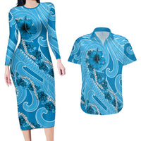 Hawaii Blue Hibiscus Pikake Lei Couples Matching Long Sleeve Bodycon Dress and Hawaiian Shirt - Polynesian Pride