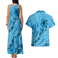 Hawaii Blue Hibiscus Pikake Lei Couples Matching Tank Maxi Dress and Hawaiian Shirt - Polynesian Pride