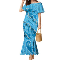 Hawaii Blue Hibiscus Pikake Lei Family Matching Mermaid Dress and Hawaiian Shirt LT05 Mom's Dress Blue - Polynesian Pride