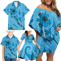 Hawaii Blue Hibiscus Pikake Lei Family Matching Off Shoulder Short Dress and Hawaiian Shirt LT05 - Polynesian Pride