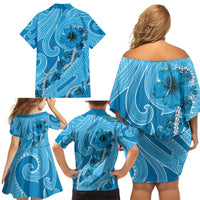 Hawaii Blue Hibiscus Pikake Lei Family Matching Off Shoulder Short Dress and Hawaiian Shirt LT05 - Polynesian Pride