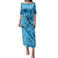 Hawaii Blue Hibiscus Pikake Lei Family Matching Puletasi and Hawaiian Shirt LT05 Mom's Dress Blue - Polynesian Pride