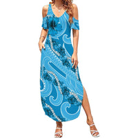 Hawaii Blue Hibiscus Pikake Lei Family Matching Summer Maxi Dress and Hawaiian Shirt LT05 Mom's Dress Blue - Polynesian Pride