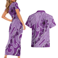 Hawaii Violet Hibiscus Pikake Lei Couples Matching Short Sleeve Bodycon Dress and Hawaiian Shirt LT05 - Polynesian Pride