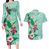 Hawaii Tropical Flowers Couples Matching Long Sleeve Bodycon Dress and Hawaiian Shirt Polynesian Tattoo Mint Green LT05 Green - Polynesian Pride
