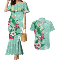 Hawaii Tropical Flowers Couples Matching Mermaid Dress and Hawaiian Shirt Polynesian Tattoo Mint Green LT05 Green - Polynesian Pride