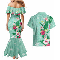 Hawaii Tropical Flowers Couples Matching Mermaid Dress and Hawaiian Shirt Polynesian Tattoo Mint Green LT05 - Polynesian Pride