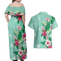 Hawaii Tropical Flowers Couples Matching Off Shoulder Maxi Dress and Hawaiian Shirt - Polynesian Tattoo Mint Green LT05 - Polynesian Pride