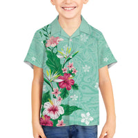 Hawaii Tropical Flowers Family Matching Off The Shoulder Long Sleeve Dress and Hawaiian Shirt Polynesian Tattoo Mint Green LT05 Son's Shirt Green - Polynesian Pride