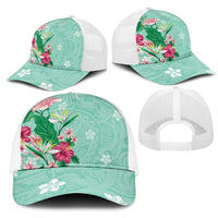 Hawaii Tropical Flowers Mesh Trucker Cap Polynesian Tattoo Mint Green
