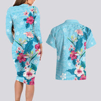 Hawaii Tropical Flowers Couples Matching Long Sleeve Bodycon Dress and Hawaiian Shirt Polynesian Tattoo Sky Blue LT05 - Polynesian Pride