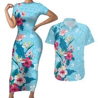 Hawaii Tropical Flowers Couples Matching Short Sleeve Bodycon Dress and Hawaiian Shirt Polynesian Tattoo Sky Blue LT05 Blue - Polynesian Pride