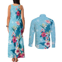 Hawaii Tropical Flowers Couples Matching Tank Maxi Dress and Long Sleeve Button Shirt Polynesian Tattoo Sky Blue