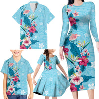 Hawaii Tropical Flowers Family Matching Long Sleeve Bodycon Dress and Hawaiian Shirt Polynesian Tattoo Sky Blue LT05 - Polynesian Pride