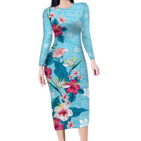 Hawaii Tropical Flowers Family Matching Long Sleeve Bodycon Dress and Hawaiian Shirt Polynesian Tattoo Sky Blue LT05 Mom's Dress Blue - Polynesian Pride