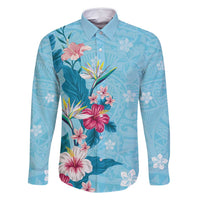 Hawaii Tropical Flowers Family Matching Mermaid Dress and Hawaiian Shirt Polynesian Tattoo Sky Blue LT05 Dad's Shirt - Long Sleeve Blue - Polynesian Pride